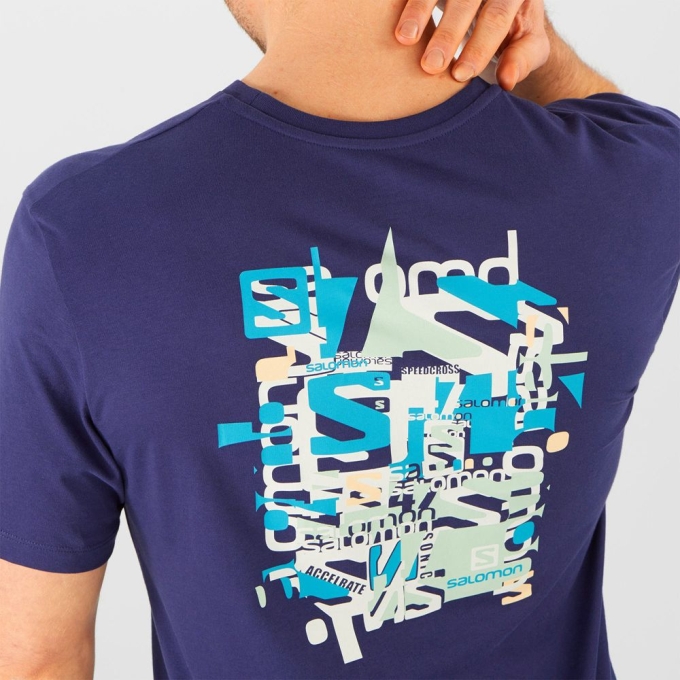 Salomon OUTLIFE GRAPHIC DISRUPTED TYPE SS M ショート Sleeve Tシャツ メンズ ネイビー | JP-1372IST